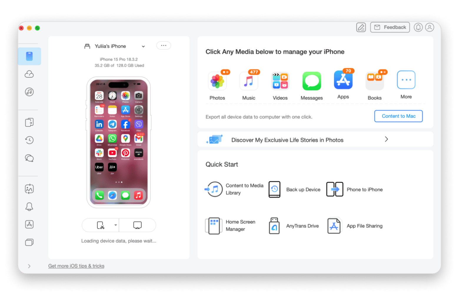 Interface do AnyTrans for iOS criando um backup completo do iPhone no Mac, disponível no Setapp